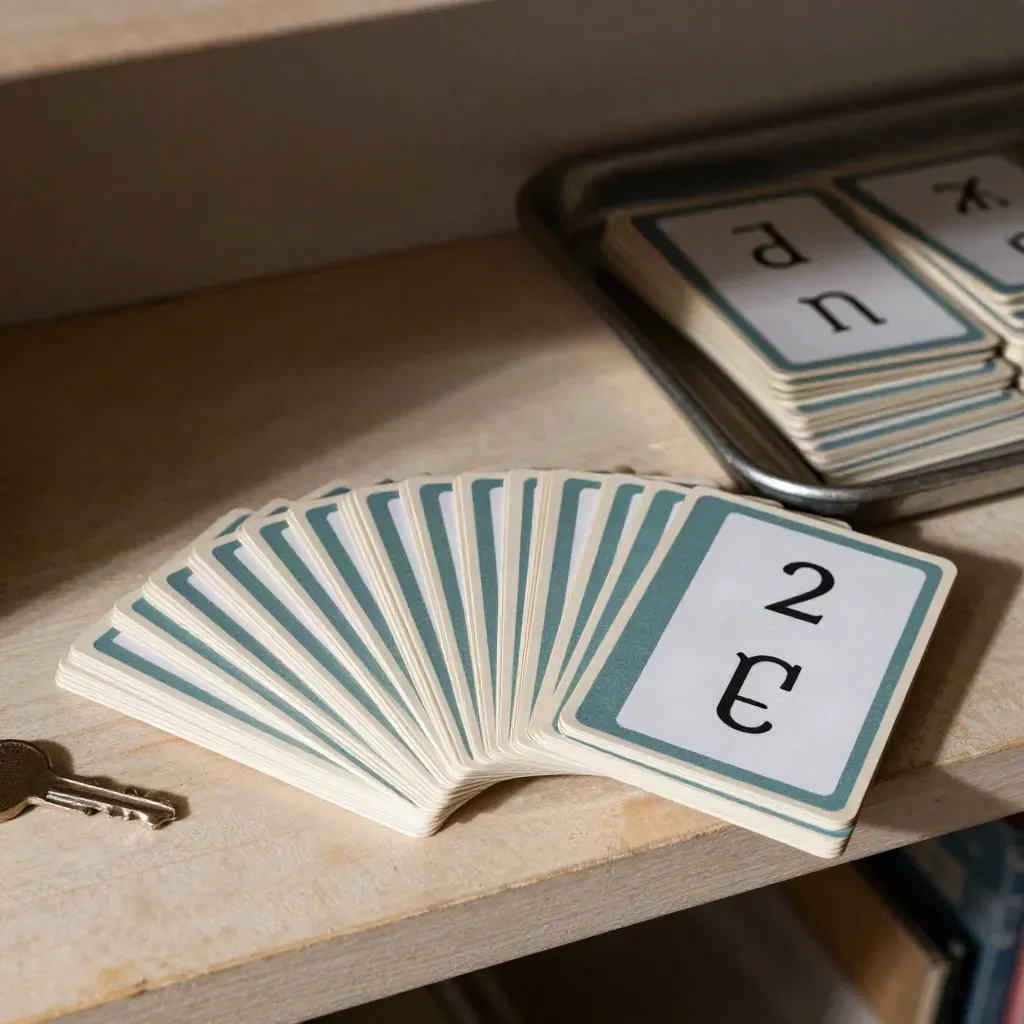 Overhead still life of flashcard boxes, dividers, and a metal tray on a classroom shelf.