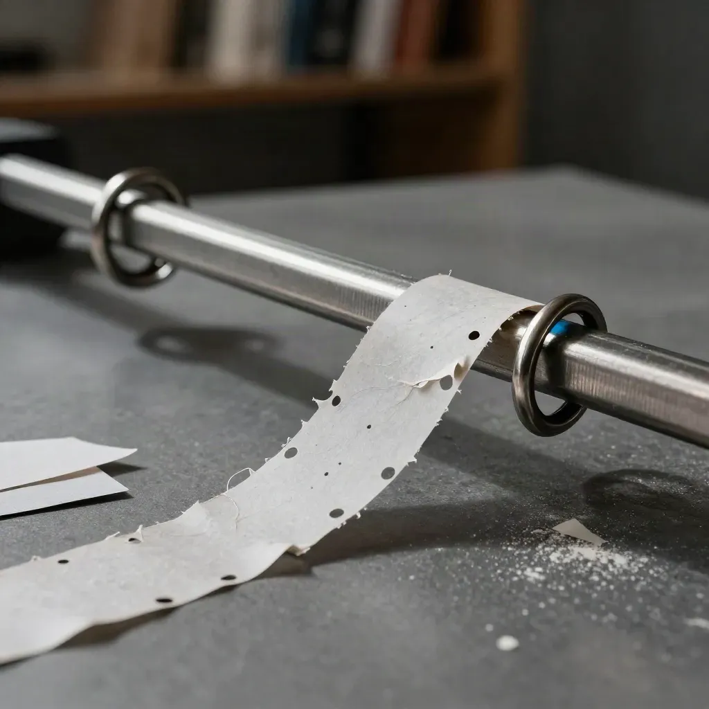 Diagonal paper strips threaded through steel rings and a blue guide rail on a matte graphite workbench.