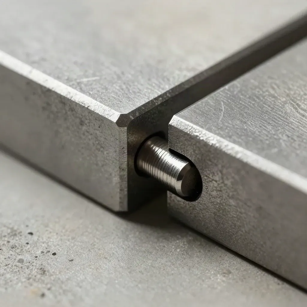 Macro still life of steel blocks, connector pin and graphite spacer on a cool stone surface.